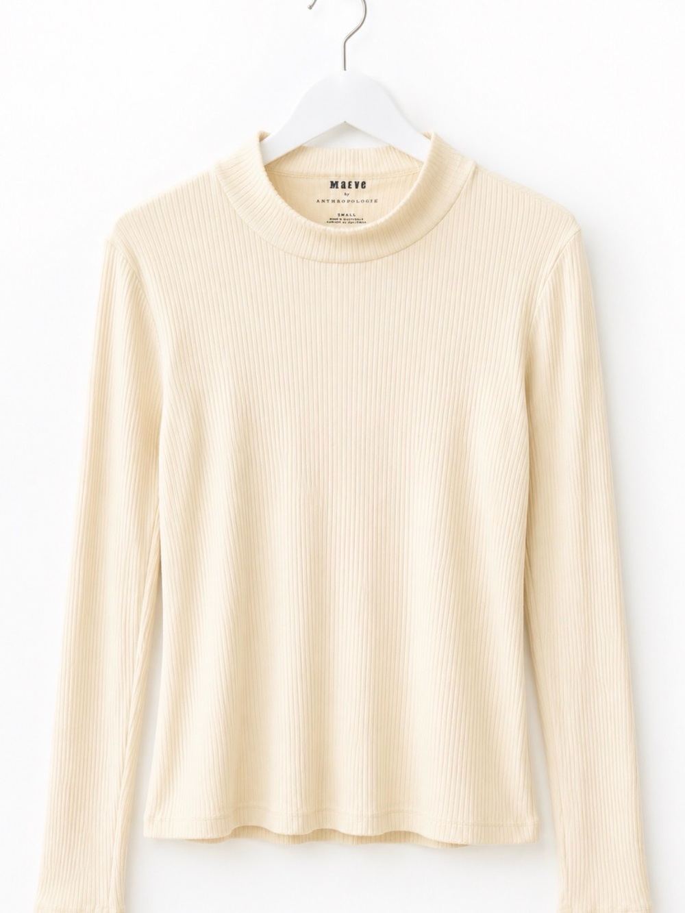 Anthropologie Maeve Ribbed Long-Sleeve Mock Neck Top in Cream